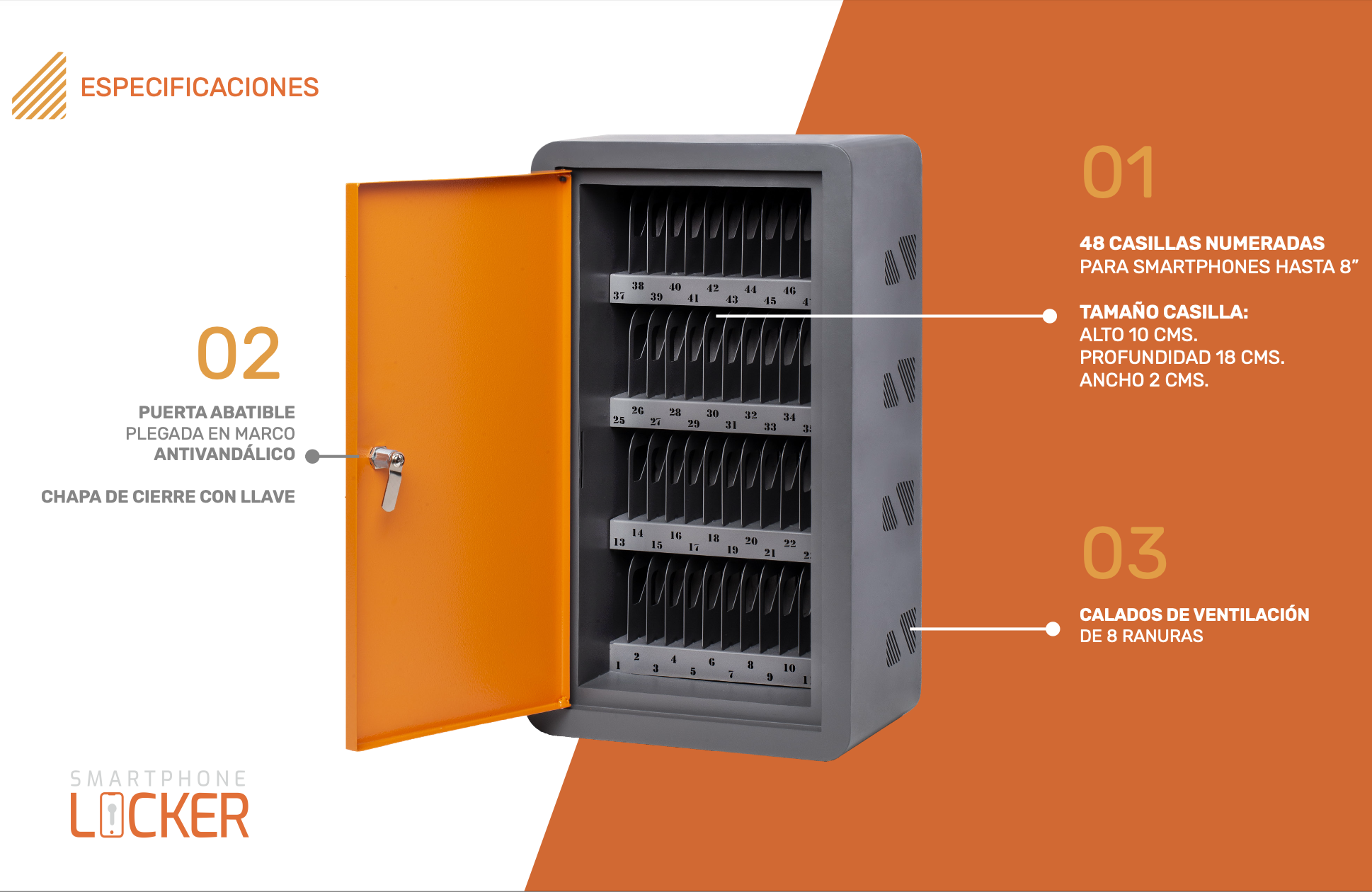 especificaciones-locker-porta-celulares Casillero para Smartphones. Locker para Celulares con 48 casillas. Especificaciones