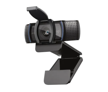 Webcam Logitech C920s Pro HD de frente. Cuenta con tapa protectora de cámara para mayor privacidad.
