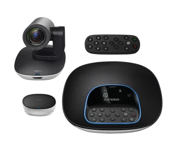 Logitech GROUP Kit de Videoconferencia. En la imagen se incluye la cámara PTZ, sistema de manos libres, control remoto, HUB de alimentación.
