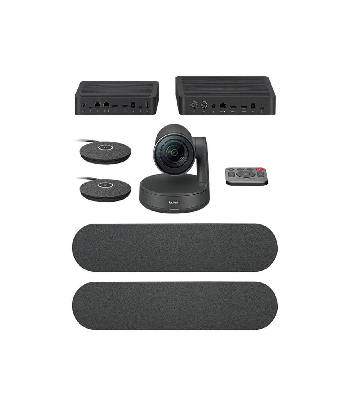 logitech-rally-plus-1 Logitech Rally Plus. En la imagen se muestra la cámara de videoconferencias Rally Camera, 2 altavoces, 2 micrófonos, 2 HUB de sobremesa, y el control remoto.