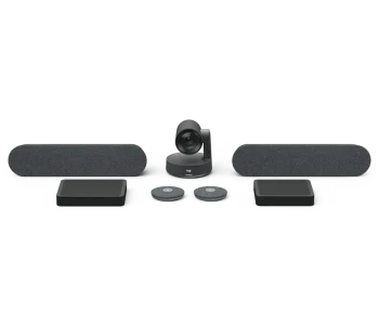 Logitech Rally Plus. En la imagen se muestra la cámara de videoconferencias Rally Camera, 2 altavoces, 2 micrófonos, y 2 HUB de sobremesa.